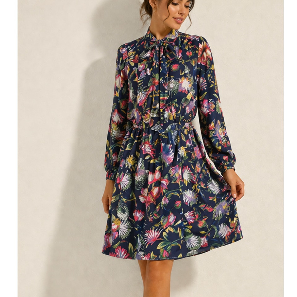 J.Crew Navy Floral Tie Neck Dress Long Sleeve Elastic Waist Size S
